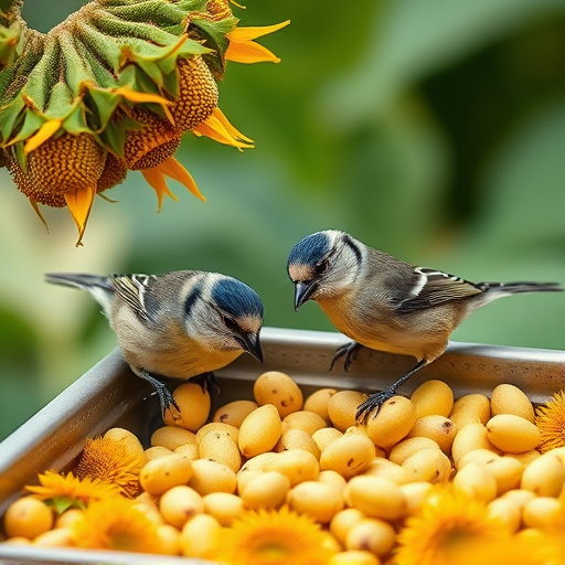 Tits feeding from tray of sunflower hearts
