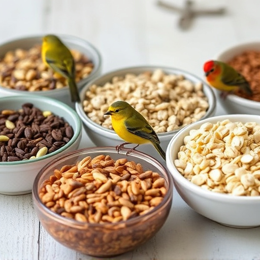Variety of bird seed in bowls