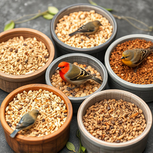 Variety of bird seed in bowls