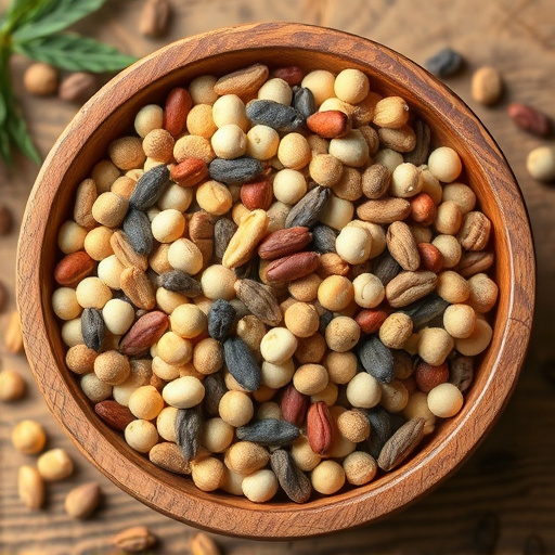 Variety of seeds in wooden bowl