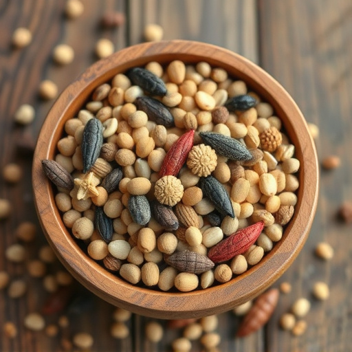 Variety of seeds in wooden bowl