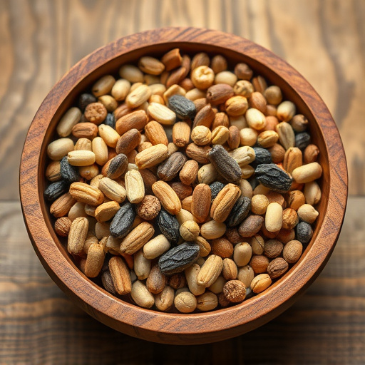 Variety of seeds in wooden bowl