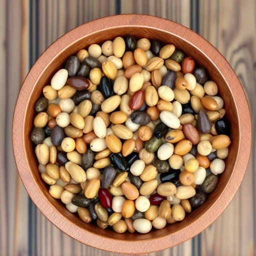 Variety of seeds in wooden bowl