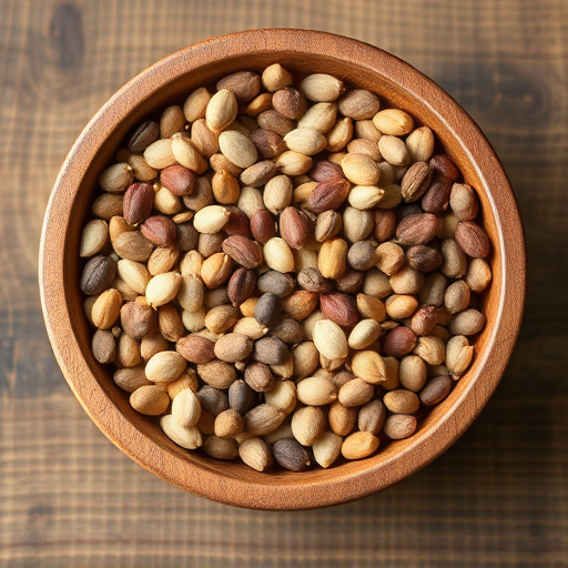 Variety of seeds in wooden bowl