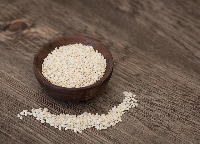 Variety of seeds in wooden bowl