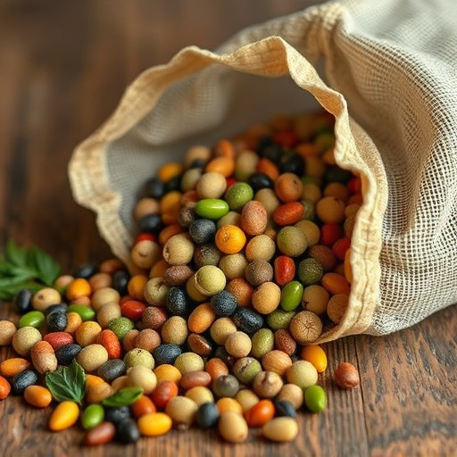Variety of seeds spilling from bag