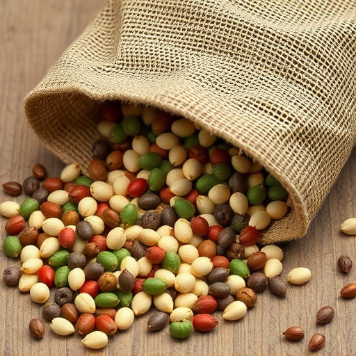 Variety of seeds spilling from bag
