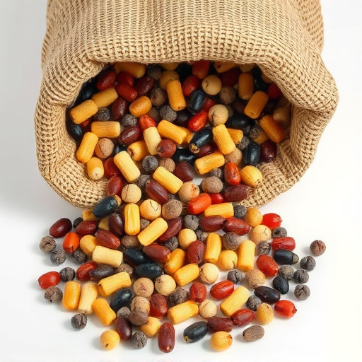Variety of seeds spilling from bag