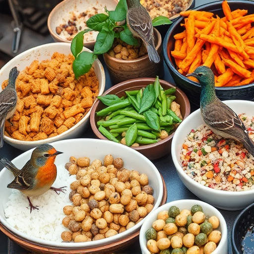 Variety of wild bird food in dishes