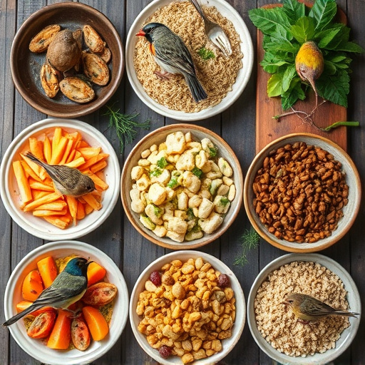 Variety of wild bird food in dishes