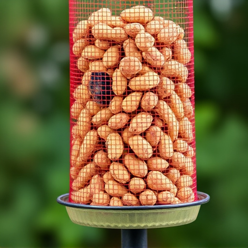 Whole peanuts in mesh bird feeder