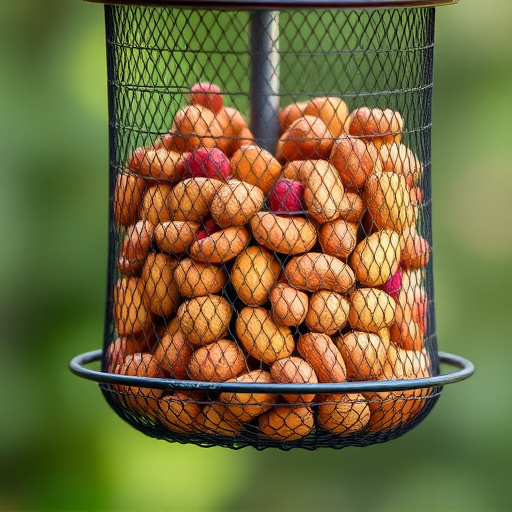 Whole peanuts in mesh bird feeder