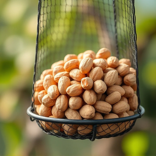 Whole peanuts in mesh bird feeder