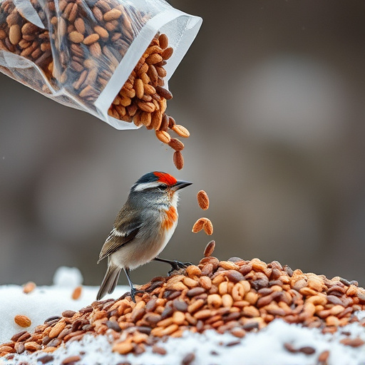 Wild bird seed pouring from bag