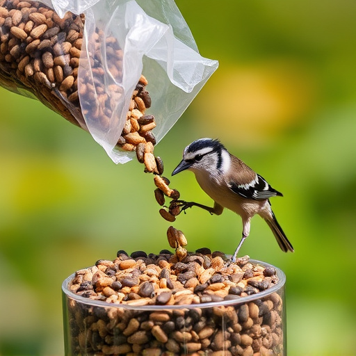 Wild bird seed pouring from bag