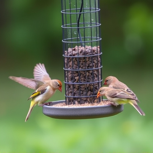 Wild birds eating from ground feeder