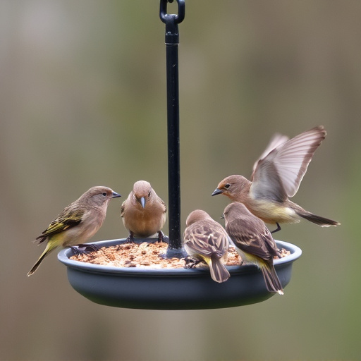 Wild birds eating from ground feeder