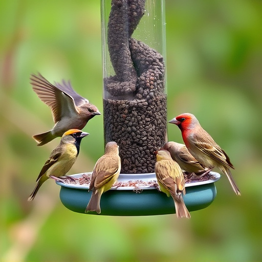 Wild birds eating from ground feeder