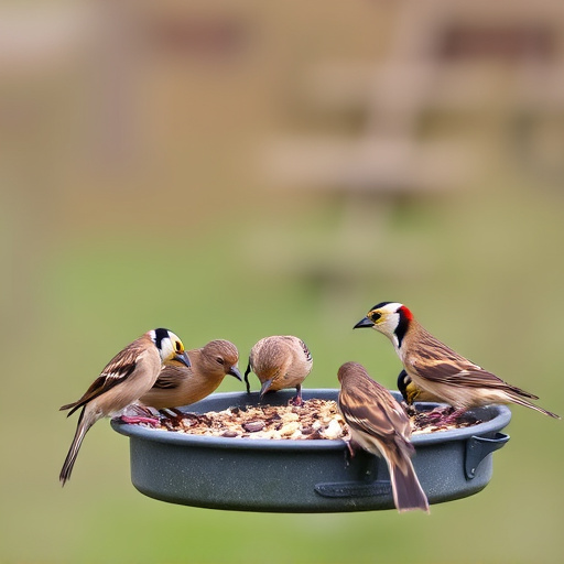 Wild birds eating from ground feeder