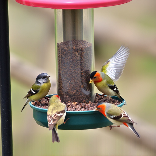 Wild birds eating from ground feeder