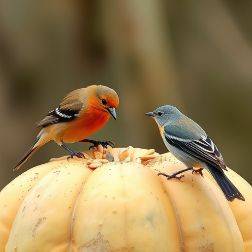 Wild birds eating pumpkin seeds