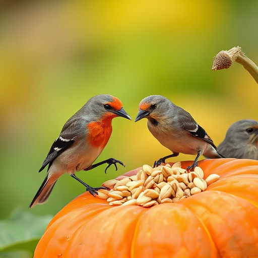 Wild birds eating pumpkin seeds