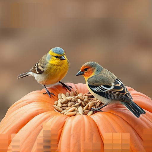 Wild birds eating pumpkin seeds