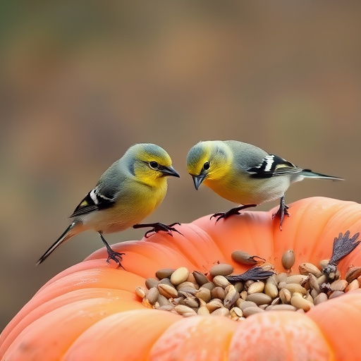 Wild birds eating pumpkin seeds
