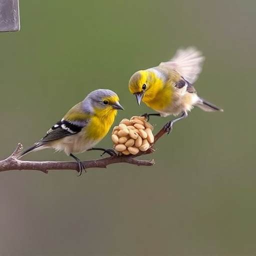 Wild birds eating pumpkin seeds