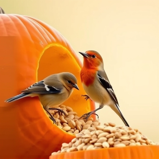 Wild birds eating pumpkin seeds
