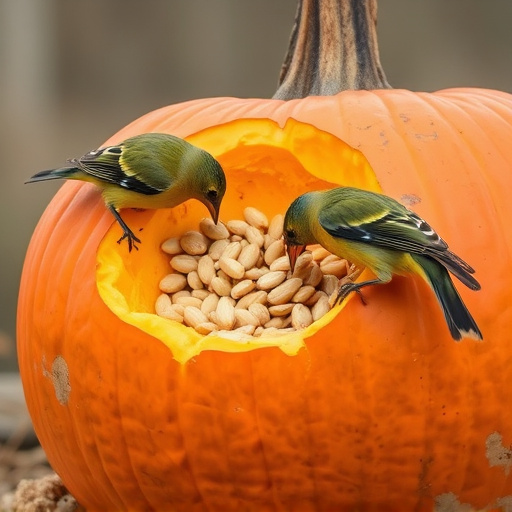 Wild birds eating pumpkin seeds