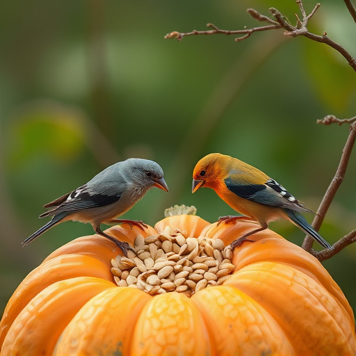 Wild birds eating pumpkin seeds