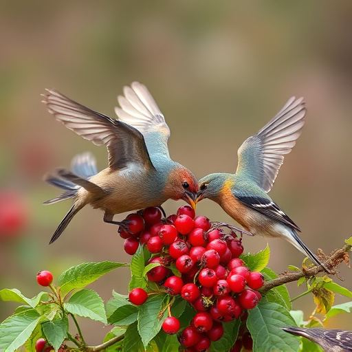 Wild birds feeding on fresh berries