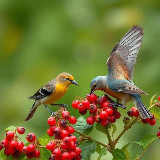 Wild birds feeding on fresh berries