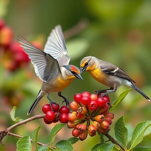 Wild birds feeding on fresh berries
