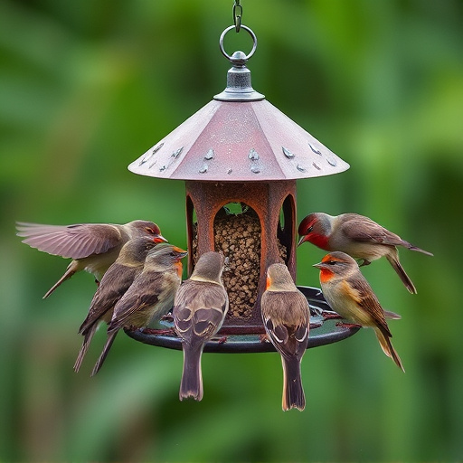 Wild birds gathered around small feeder