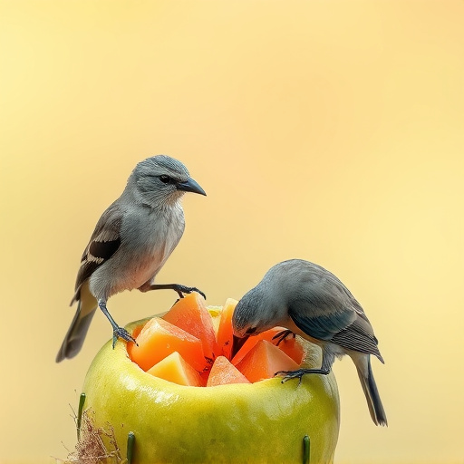 Wild birds pecking at chopped fruit