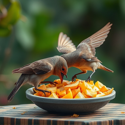 Wild birds pecking at chopped fruit