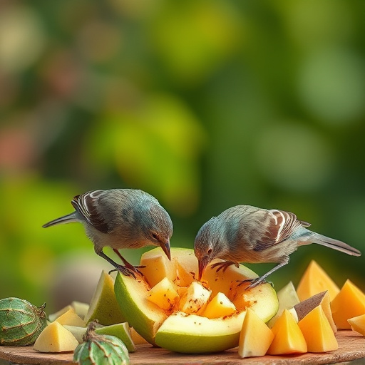 Wild birds pecking at chopped fruit