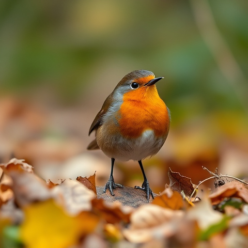 Wild robin in woodland during autumn