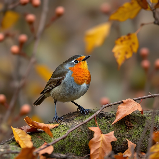 Wild robin in woodland during autumn