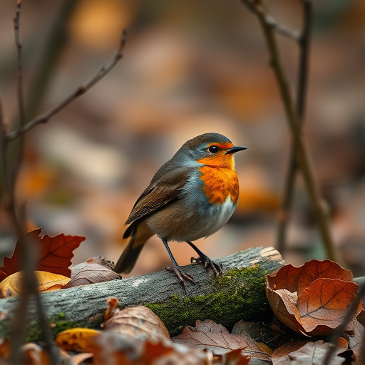 Wild robin in woodland during autumn