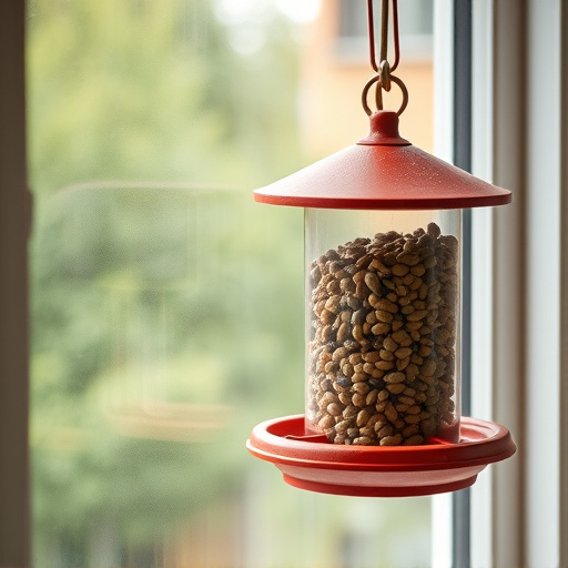 Window feeder filled with seeds outdoors