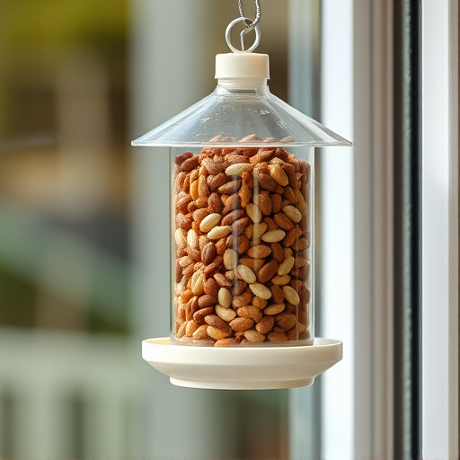 Window feeder filled with seeds outdoors