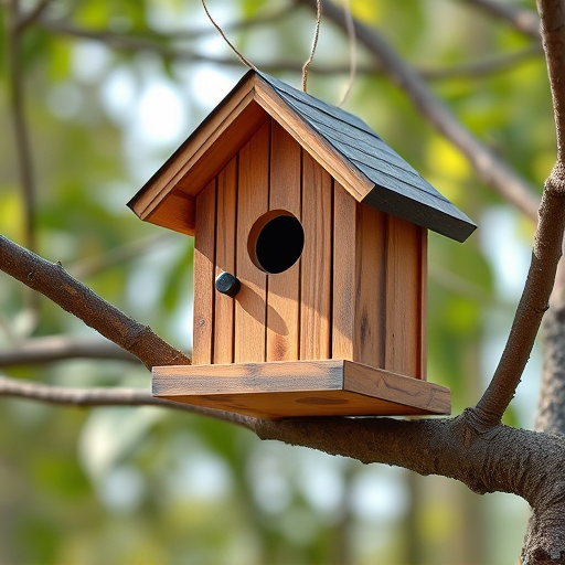 Wooden bird box on tree branch