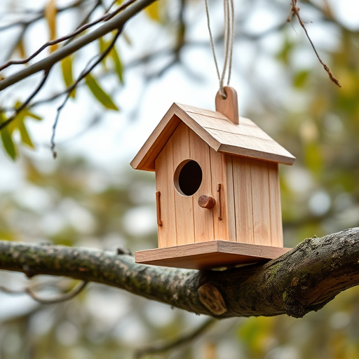 Wooden bird box on tree branch