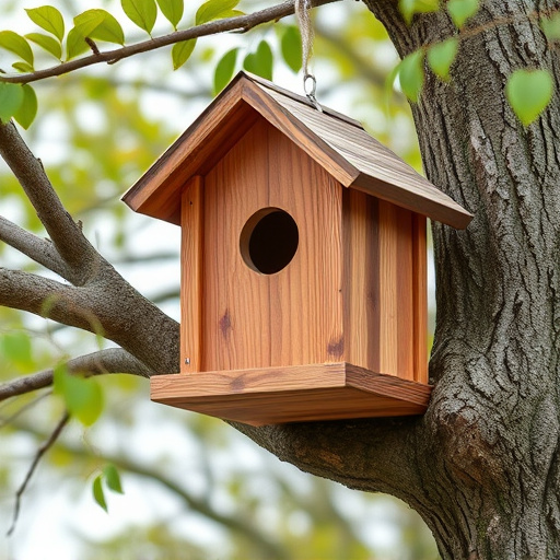 Wooden bird box on tree branch