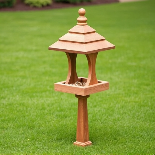 Wooden freestanding bird feeder on lawn
