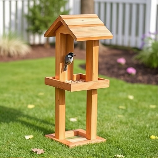 Wooden freestanding bird feeder on lawn