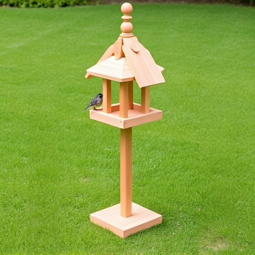 Wooden freestanding bird feeder on lawn